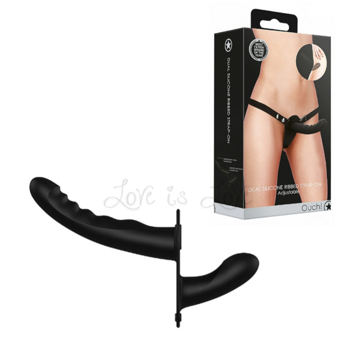 Shots Ouch! Dual Silicone Ribbed Strap-On Adjustable Black