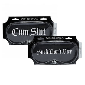 Shots Ouch printed black satin blindfold mask with Suck Dont Bite or Cum Slut text. Buy Bondage Gear in Singapore LoveisLove U4Ria