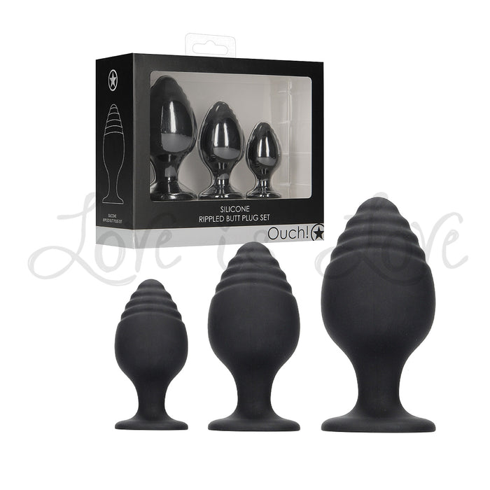 Shots Ouch! Rippled Butt Plug Set Black