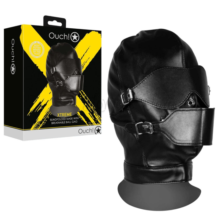 Shots Ouch! Xtreme Blindfolded Mask with Breathable Ball Gag Black