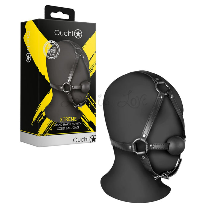 Shots Ouch! Xtreme Head Harness with Solid Ball Gag Black