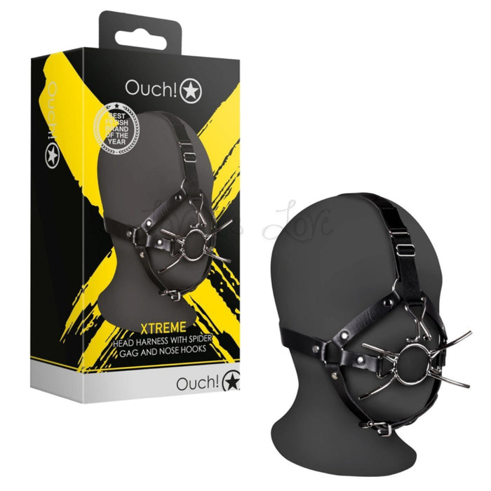 Shots Ouch! Xtreme Head Harness with Spider Gag and Nose Hooks Black