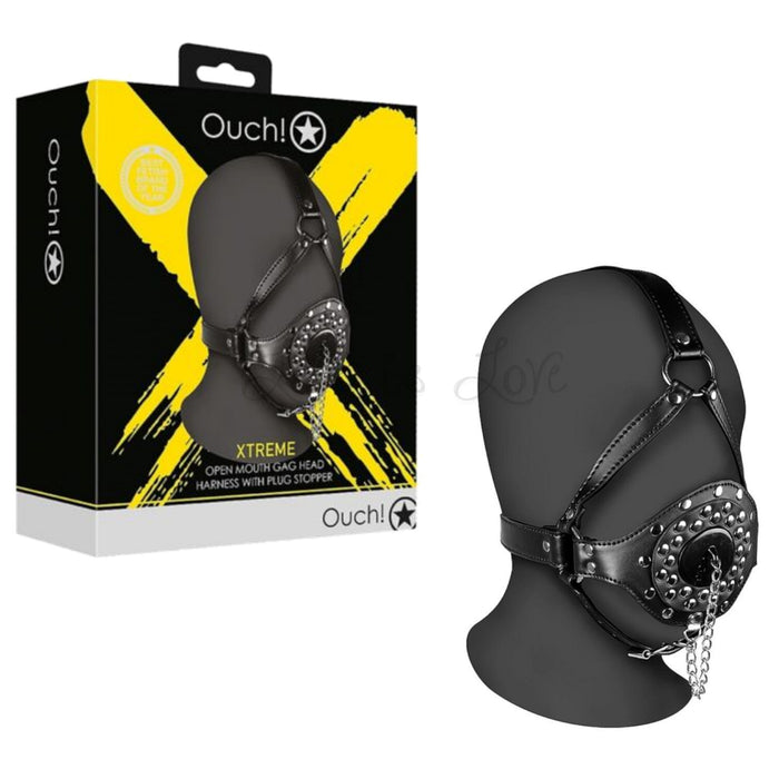 Shots Ouch! Xtreme Open Mouth Gag Head Harness with Plug Stopper