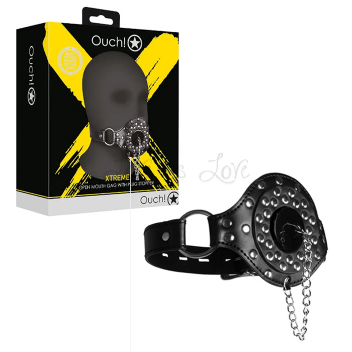 Shots Ouch! Xtreme Open Mouth Gag with Plug Stopper Black