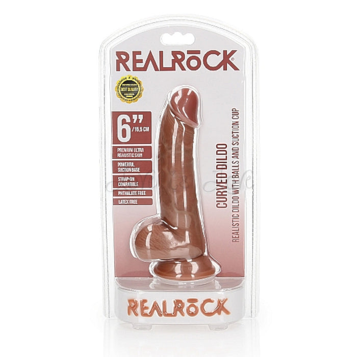 Shots RealRock Curved Realistic Dildo with Balls and Suction Cup 6 Inch Tan