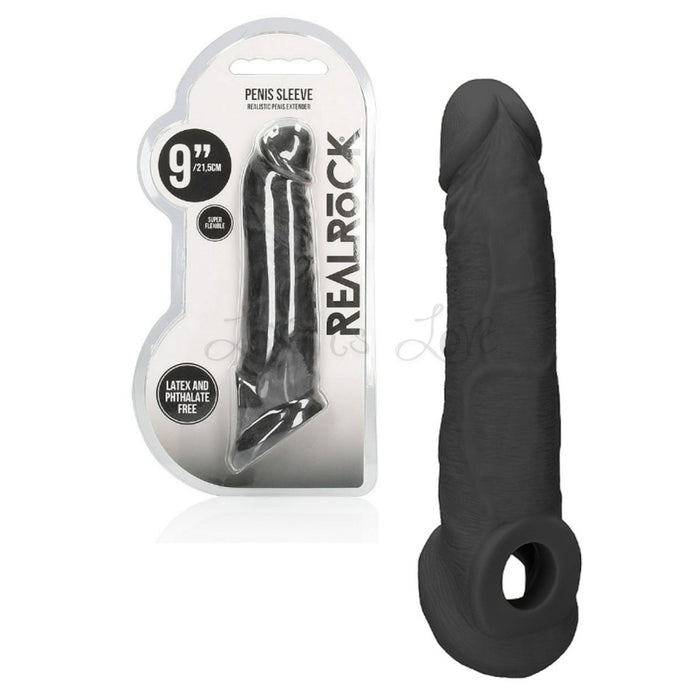 Shots RealRock Realistic Penis Sleeve 9"/23cm Extender And Ball Stretcher Black