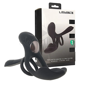 Shots LEVELZ Triple Motor Vibrating Silicone Cockring Black rechargeable dual loop ring. Buy Levelz in Singapore LoveisLove U4Ria