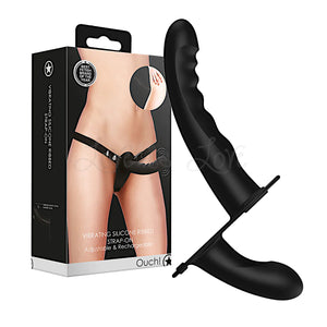 Shots Ouch! Vibrating & Rechargeable 10 Speed Silicone Ribbed Strap-On Black harness set. Buy Ouch in Singapore LoveisLove U4Ria