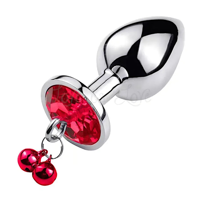 Small Jewelled Metal Anal Plug With Bells Red