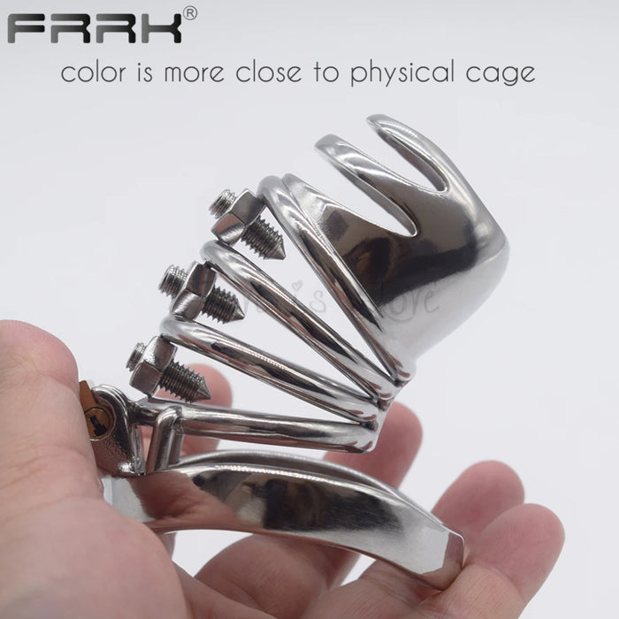 Stainless Steel Curve Spike Screw Chastity Silver Cock Cage #103A with 45 mm Curved Ring