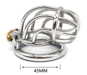 Stainless Steel New Bent Chastity Silver Cock Cage #46C with 45 mm Round Ring