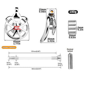 Stainless Steel Wheel Chastity Cage with Removeable Spikes and Silicone Catheter #3247 45MM For Him - Chastity Devices