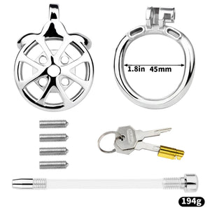 Stainless Steel Wheel Chastity Cage with Removeable Spikes and Silicone Catheter #3247 45MM For Him - Chastity Devices
