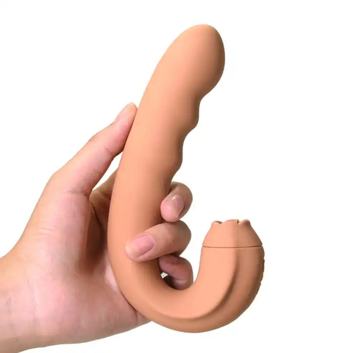 Stylish Vibes Silicone Vibrating Rotating Dildo & Licking Tongue Light Brown