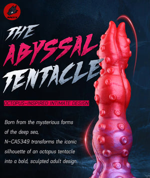 The Abyssal Tentacle Large Fantasy Silicone Dildo 17 Inch octopus-inspired design banner in red and purple marbled silicone.