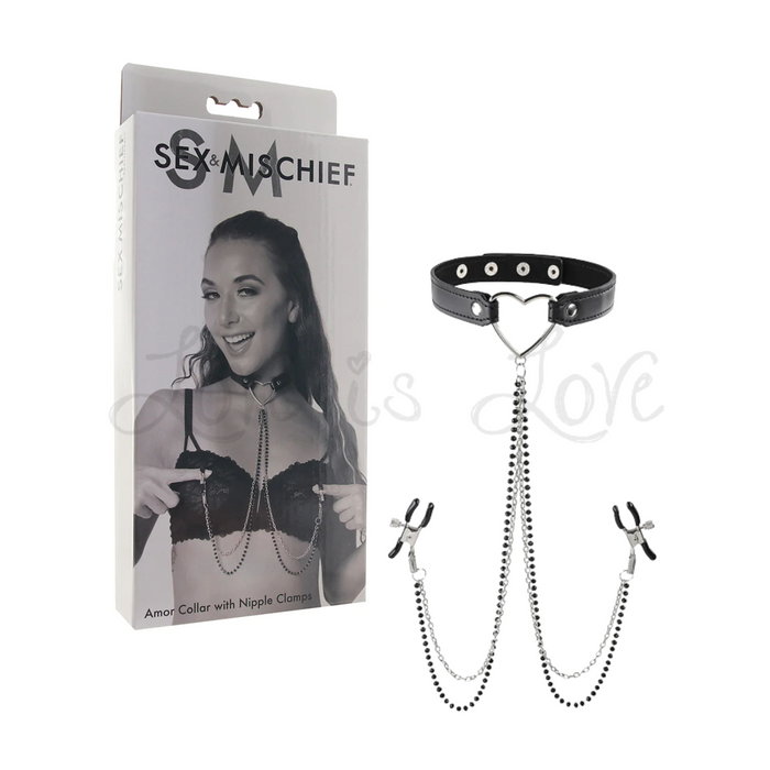 Sex & Mischief Amor Collar with Nipple Clamps Black