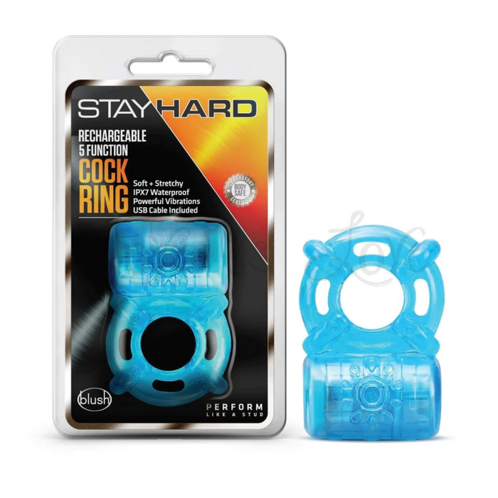 Blush Stay Hard Rechargeable 5 Function Vibrating Cockring Blue.