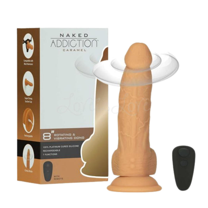 BMS Factory Naked Addiction Rotating And Vibrating Dildo with Remote Control and Suction Cup 200 MM Caramel