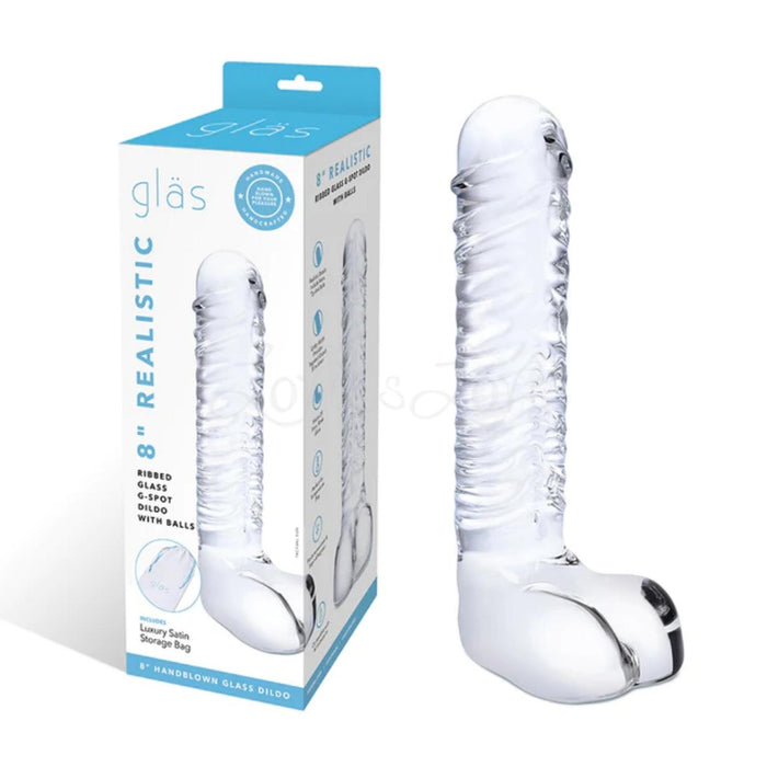 Glas Realistic Ribbed Glass 8 inch G-Spot Dildo with Balls