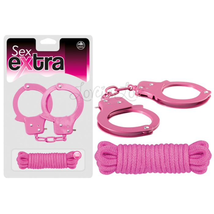 Japan Sex Extra Metal Handcuffs & Love Rope Set Pastel Pink