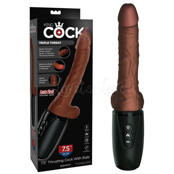 King Cock Plus Triple Threat 7.5 Inch Warming Thrusting Cock With Balls Brown