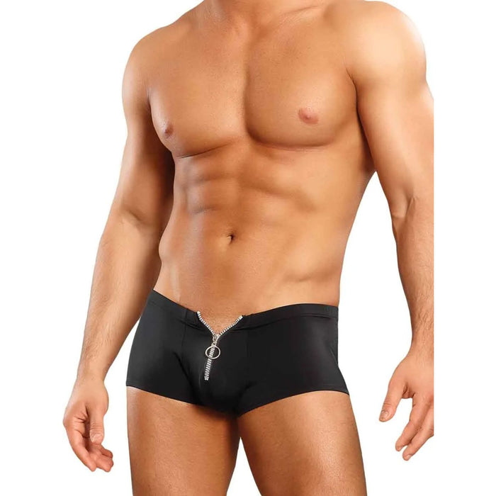 Male Power Nylon Spandex Zipper Shorts in Black