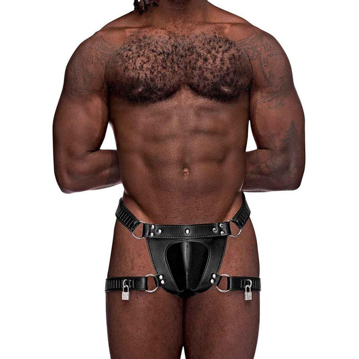Male Power Faux Leather Scorpio Adjustable Waist And Leg Chastity Thong Black One Size