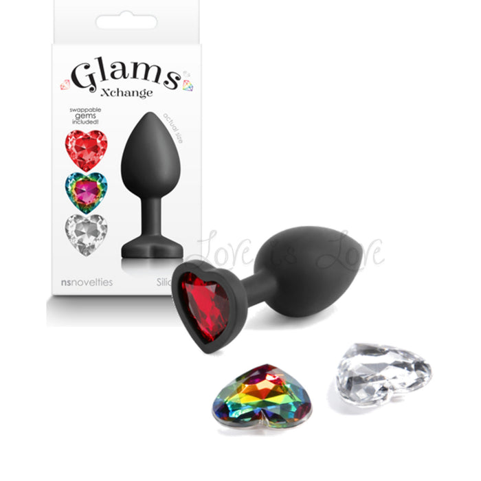 NS Novelties Glams Xchange Heart Silicone Butt Plug (3 Interchangeable Colorful Gems)(Good Review)