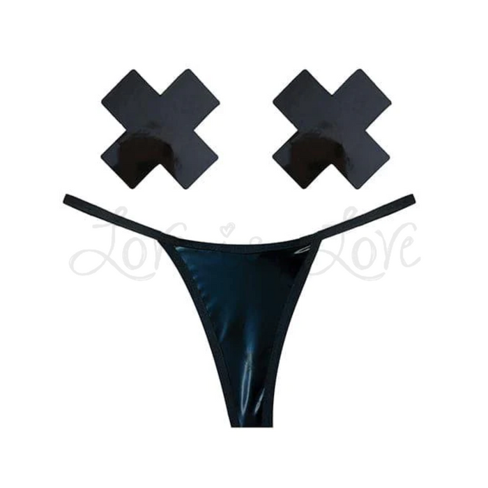 Neva Nude Naughty Knix DOM Squad Wet Vinyl G-String Pasties & Panties Set O/S Black