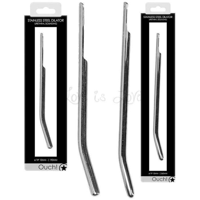Shots Ouch! Urethral Sounding Stainless Steel Dilator Curved Length 260 mm With Tip 10 mm or 12 mm