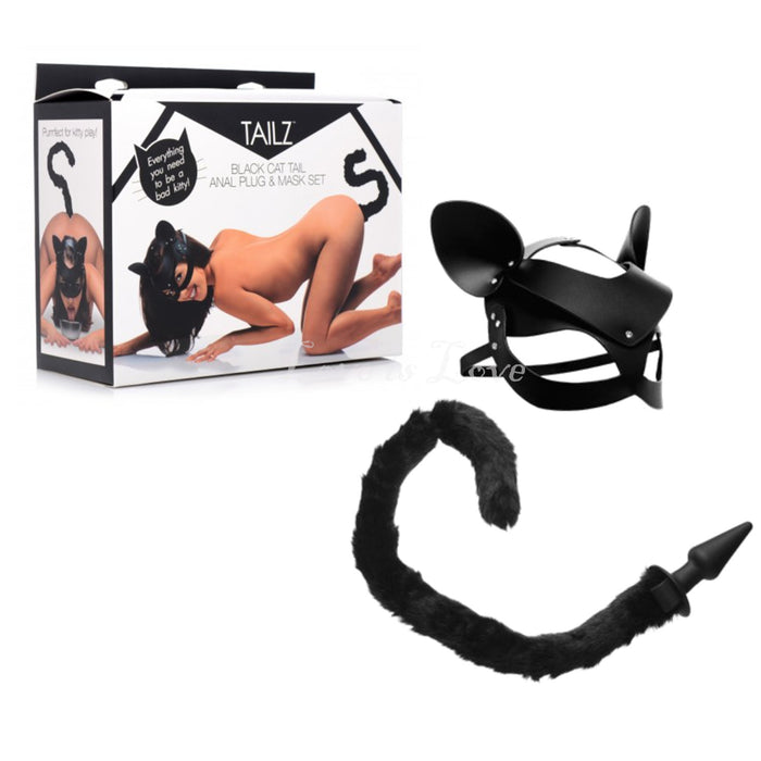 Tailz Cat Tail Anal Plug and Mask Set Black