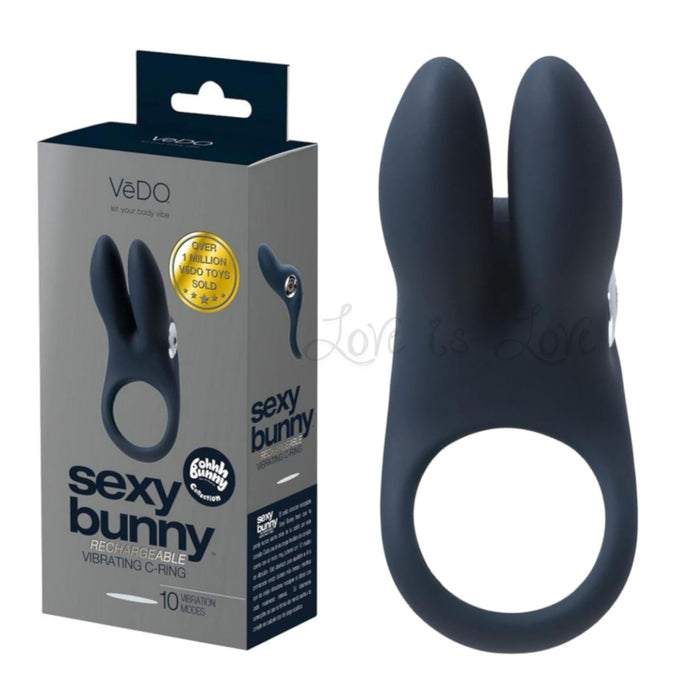 Vedo Sexy Bunny Rechargeable Vibrating C-Ring 10 Vibration Mode Black Pearl