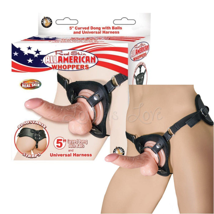 All American Whoppers 5 Inch Curved Dong With Balls & Universal Harness Flesh