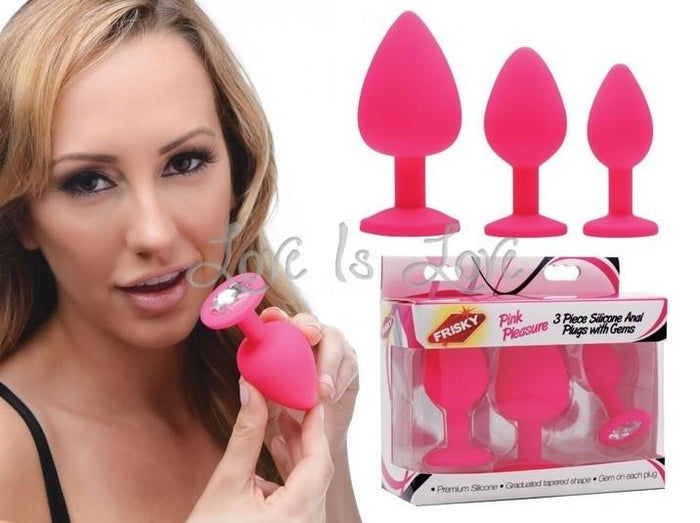 Frisky Pink Pleasure 3 Piece Premium Silicone Anal Plugs with Gems ( Popular Graduated Tapered Shape )