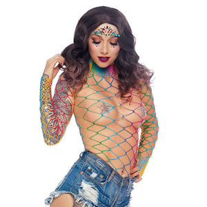Leg Avenue High Neck Fence Net Long Sleeved Bodysuit With Snap Crotch Thong Panty Rainbow For Her - Women's Sexy Wear Leg Avenue 