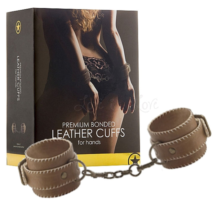 Shots Ouch! Premium Bonded Leather Hand Cuffs Brown