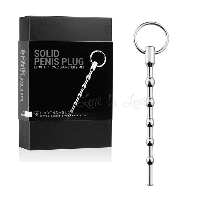 Sinner Gear Unbendable Solid Penis Plug Metal Beaded with Pull Ring Urethral Play 11cm